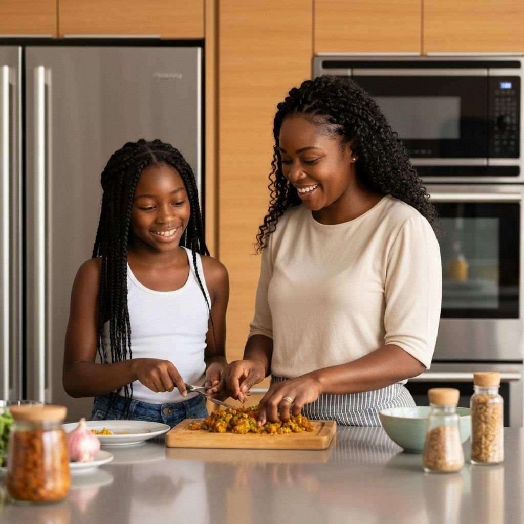 Black mother and daughter cooking traditional meal together in kitchen